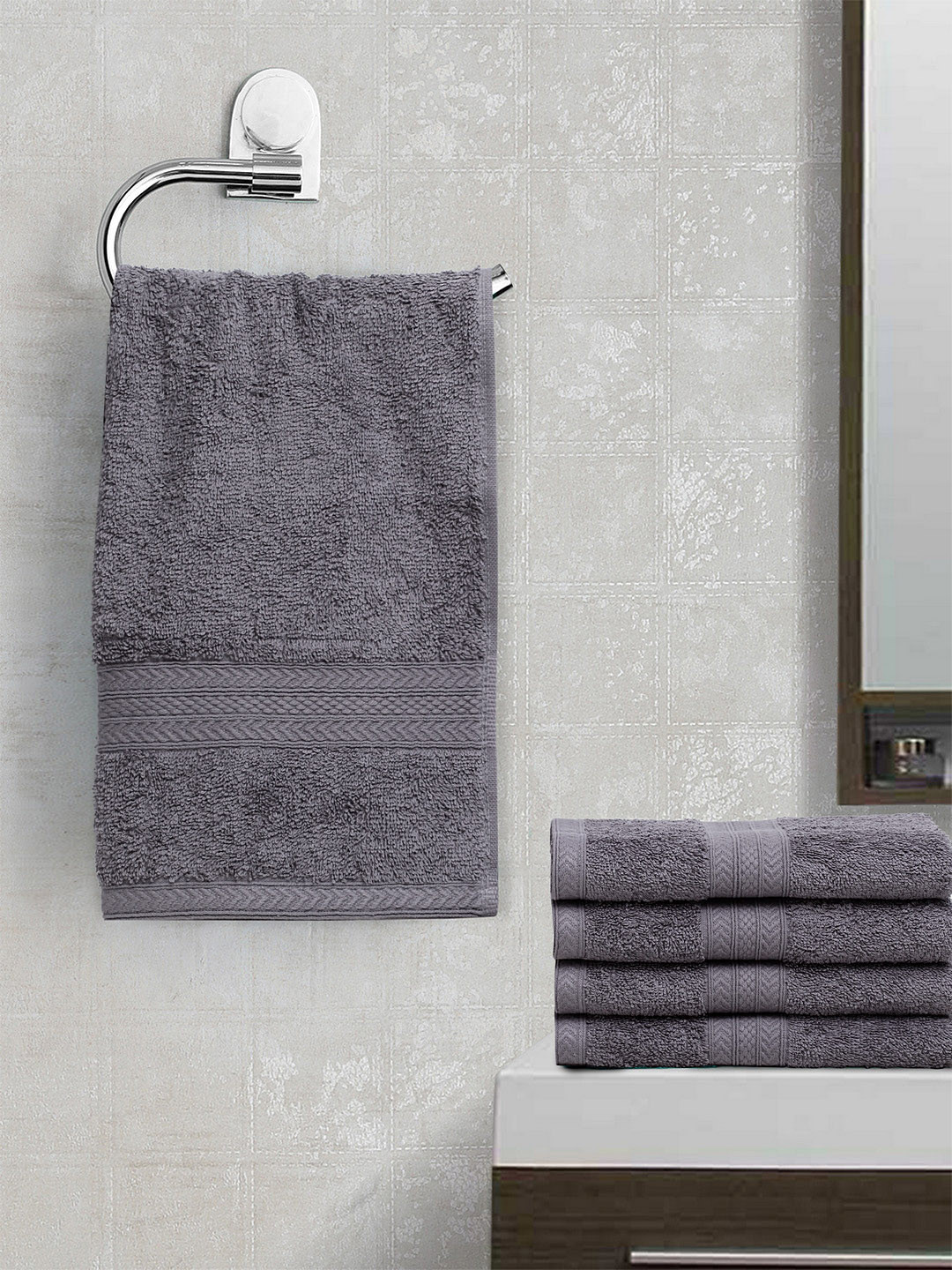 BOMBAY DYEING Unisex Set Of 5 Grey Solid Tulip 450 GSM Hand Towels