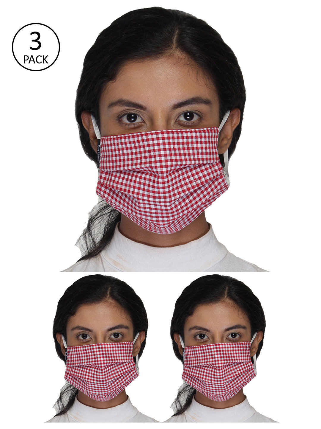 Anekaant Women Red Pack Of 3 Reusable Checkered 3 Ply Cotton Fabric Fashion Mask