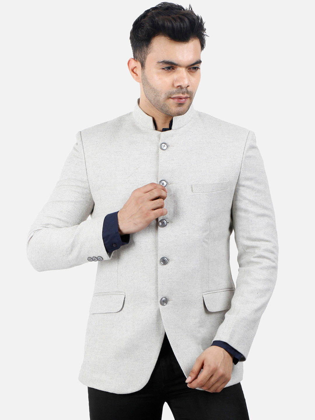 Wintage Men White Self-Design Bandhgala Formal Blazer