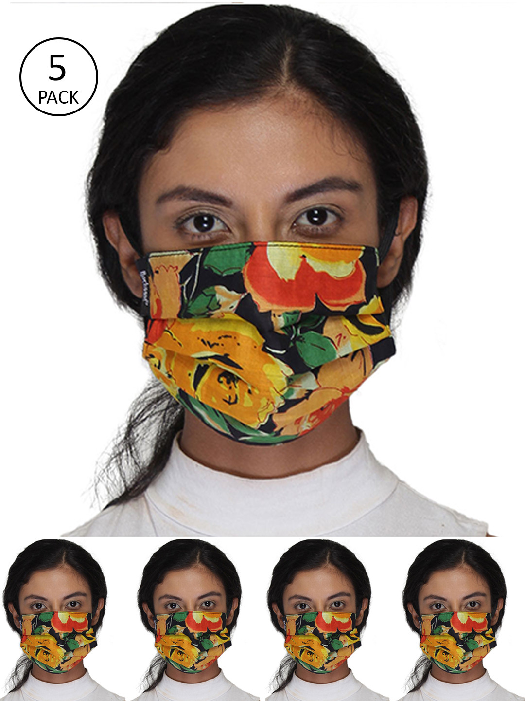 Anekaant Women 5 Pcs Orange & Black Floral Printed 3-Ply Reusable Cotton Fabric Masks