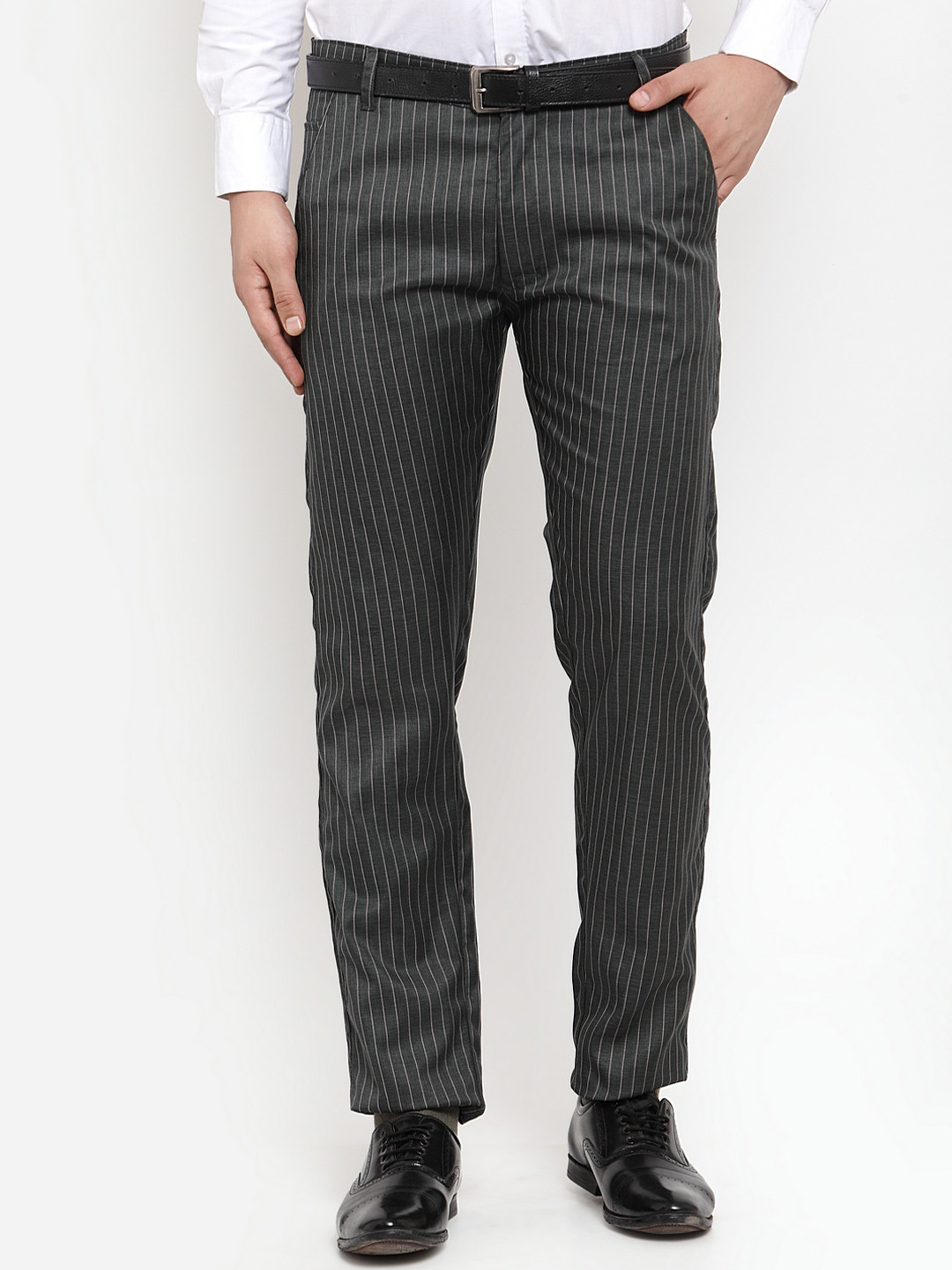 JAINISH Men Olive Green & White Smart Slim Fit Striped Formal Trousers