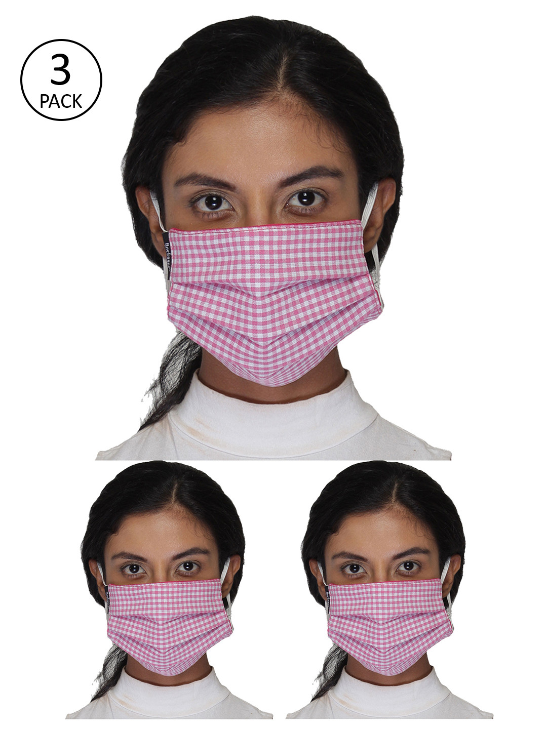 Anekaant Women Pink Pack Of 3 Reusable Checkered 3 Ply Cotton Fabric Fashion Mask