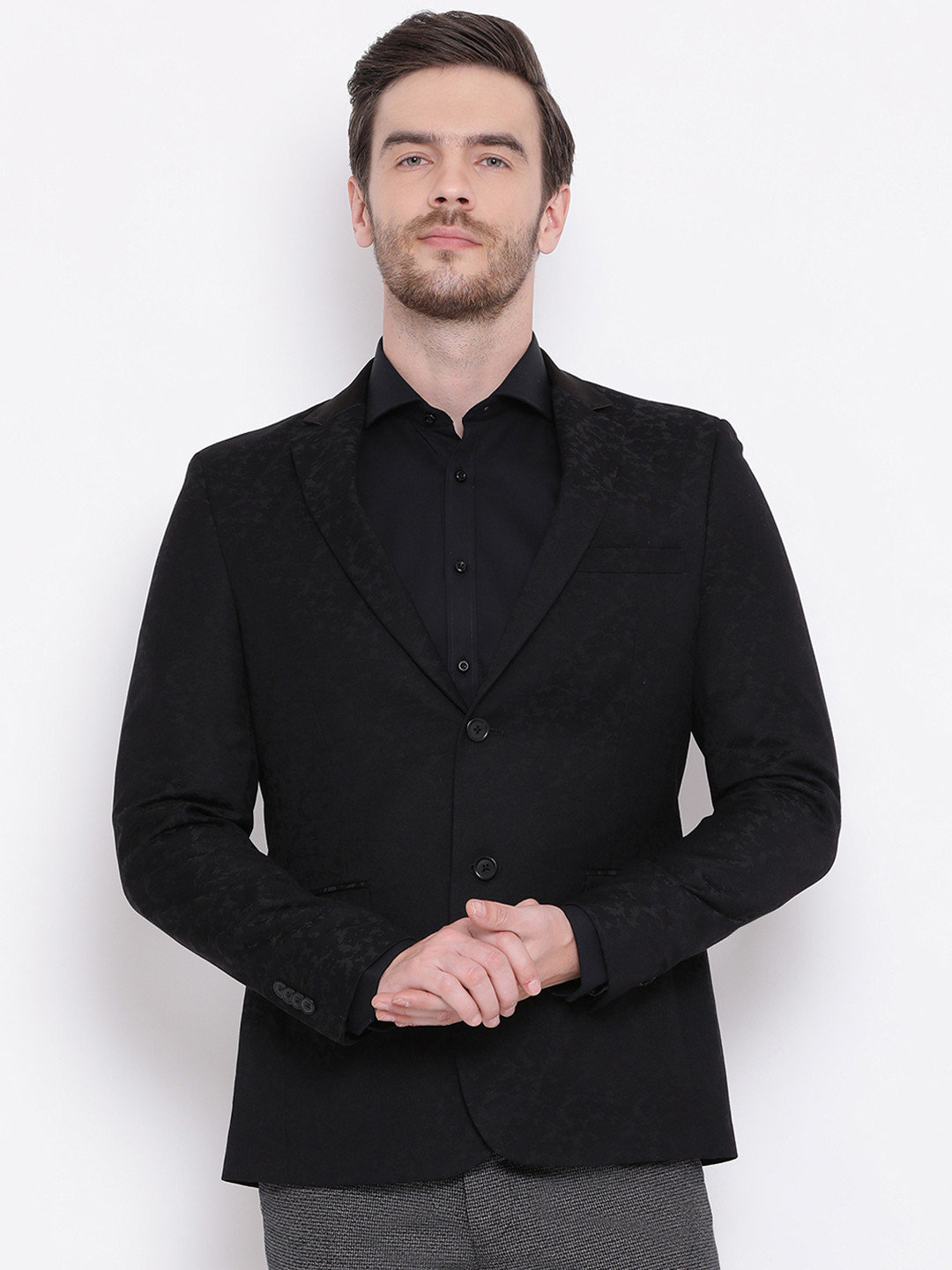 HARSAM Men Black Self-Design Slim-Fit Single-Breasted Formal Blazer
