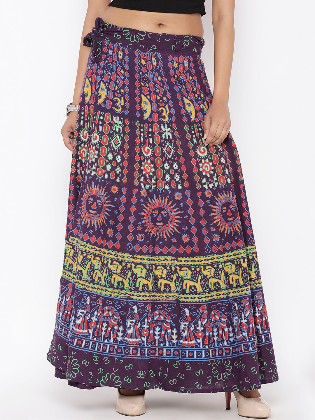 SOUNDARYA Women Purple & Red Printed Flared Wrap Around Maxi Skirt
