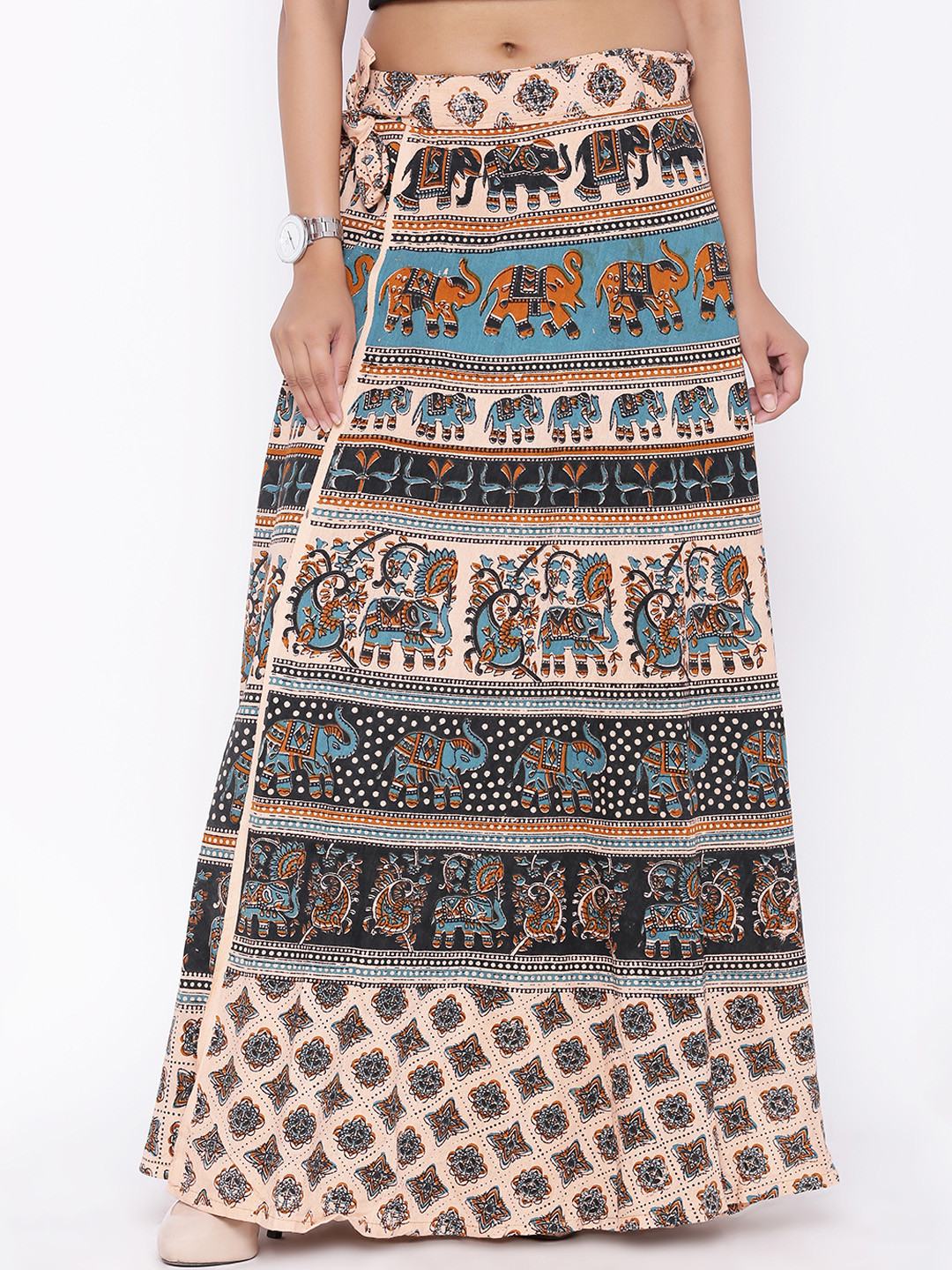 SOUNDARYA Women Beige & Black Printed Wrap Around Maxi Skirt