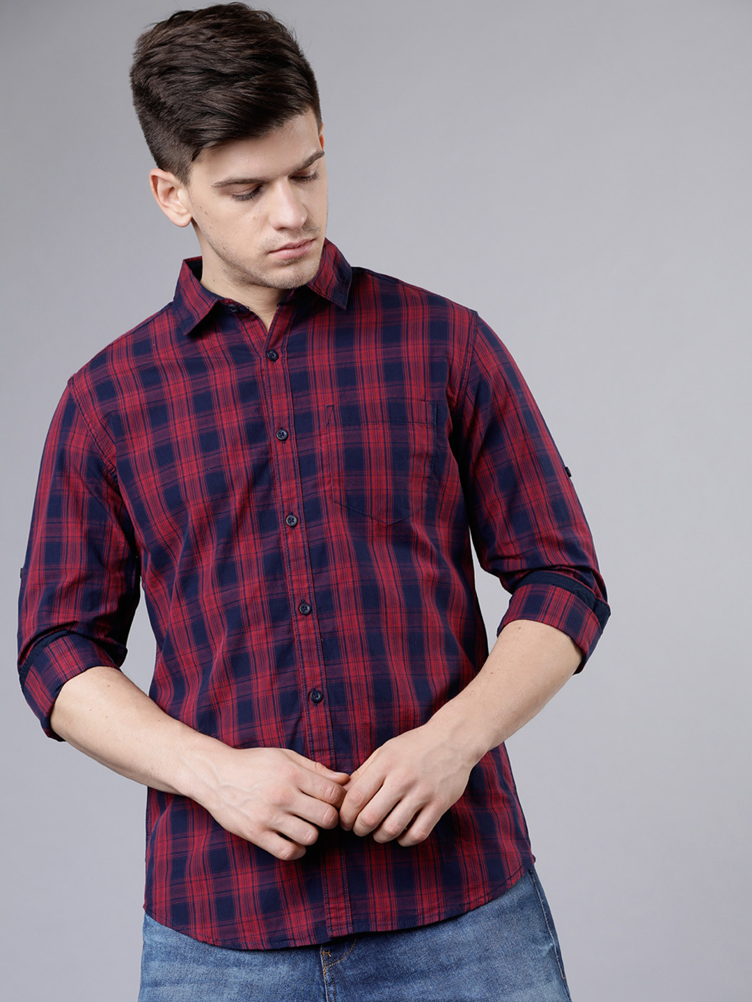 HIGHLANDER Men Navy Blue \u0026 Red Slim Fit 