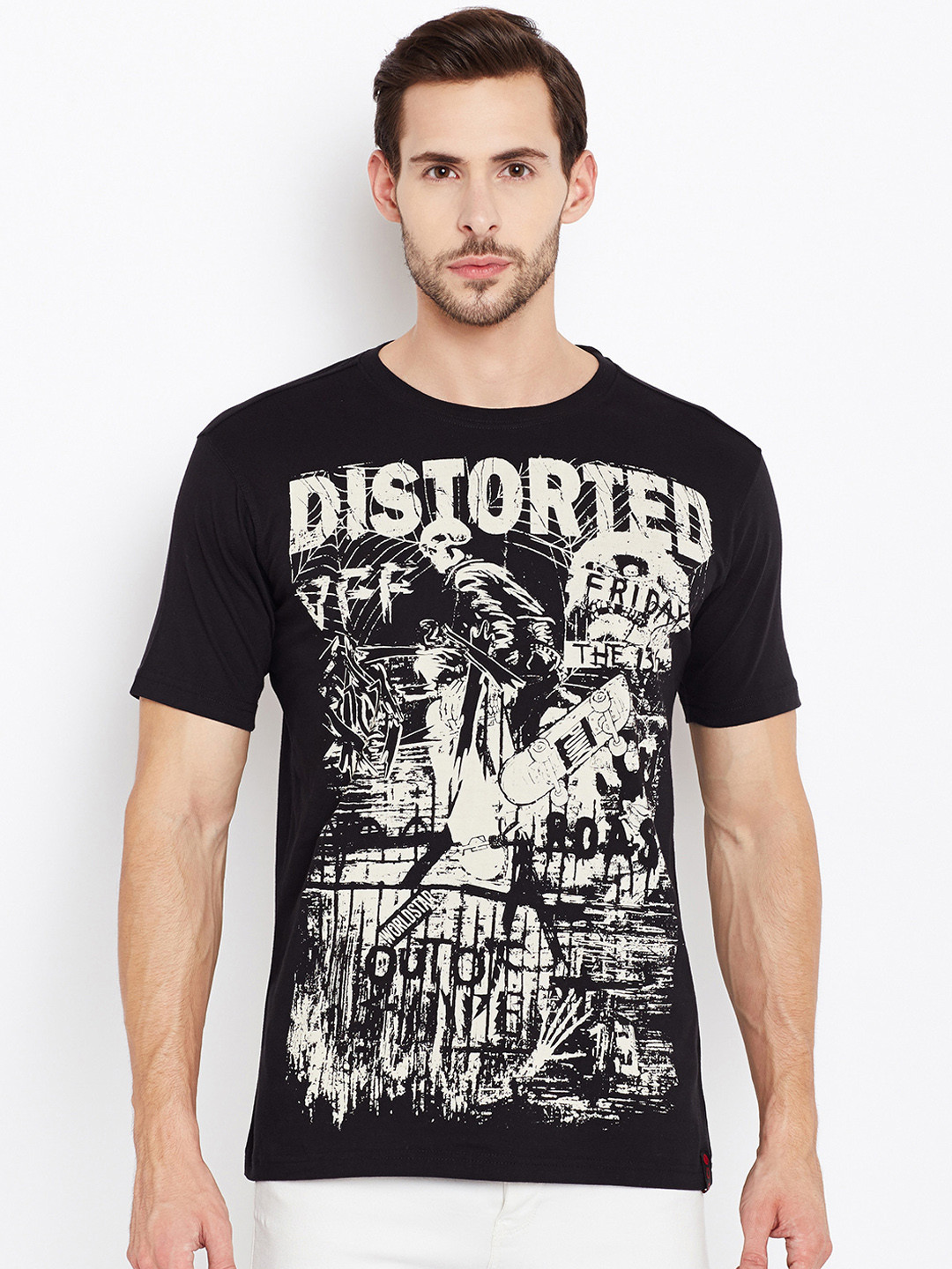 PUNK Men Black  Off-White Printed Round Neck Pure Cotton T-shirt