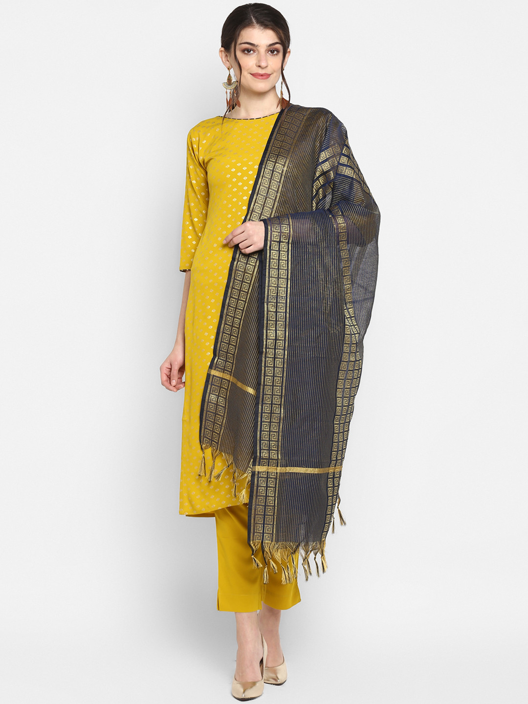 Janasya Women Mustard Yellow Printed Kurta with Trousers & Dupatta
