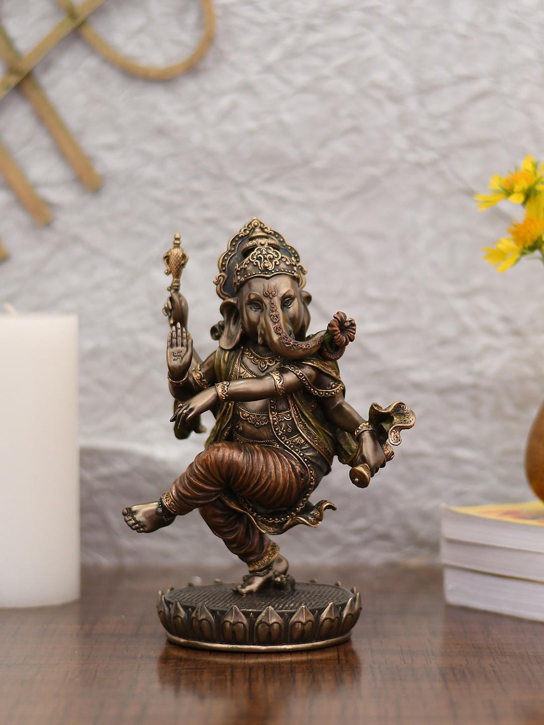 CraftVatika Dancing Ganesha Bronze Metallic Prayer Room Small Showpiece - 8 Inches