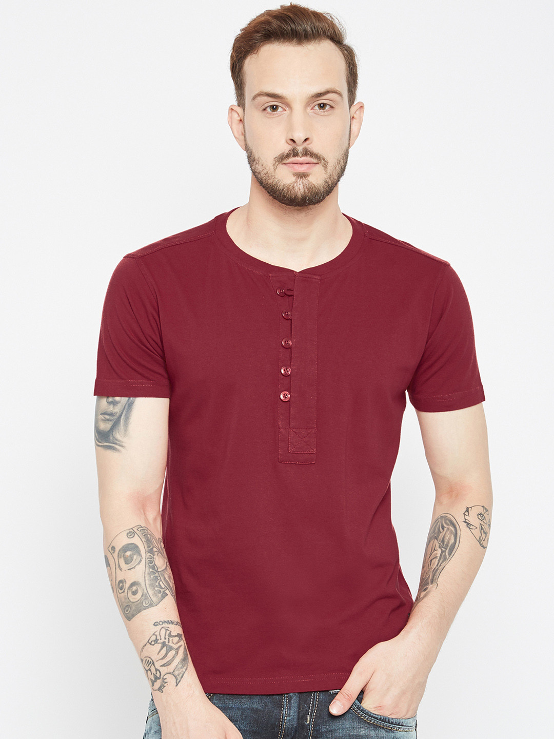 PUNK Men Maroon Solid Henley Neck T-shirt