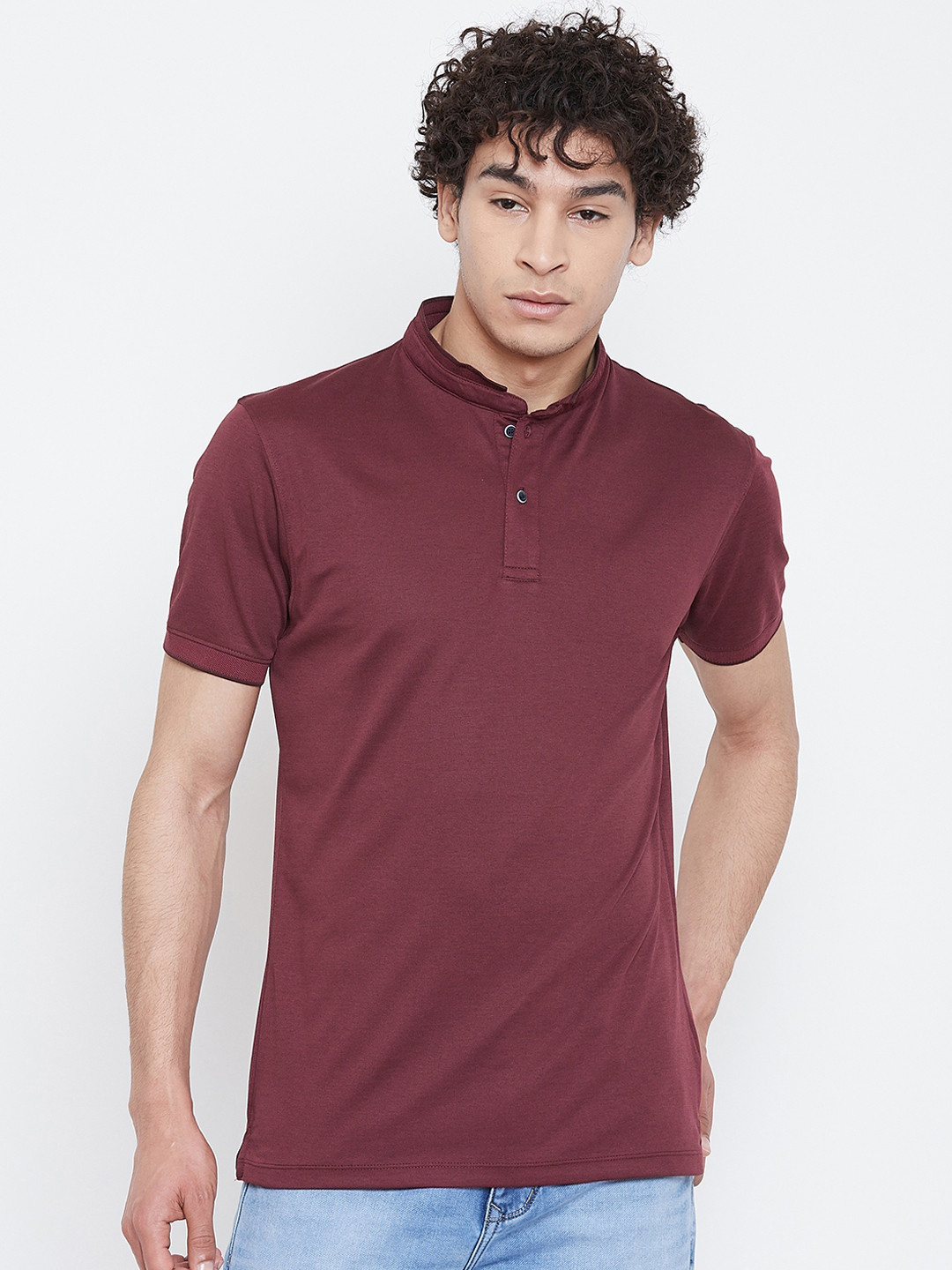 Octave Men Burgundy Solid Mock Collar T-shirt