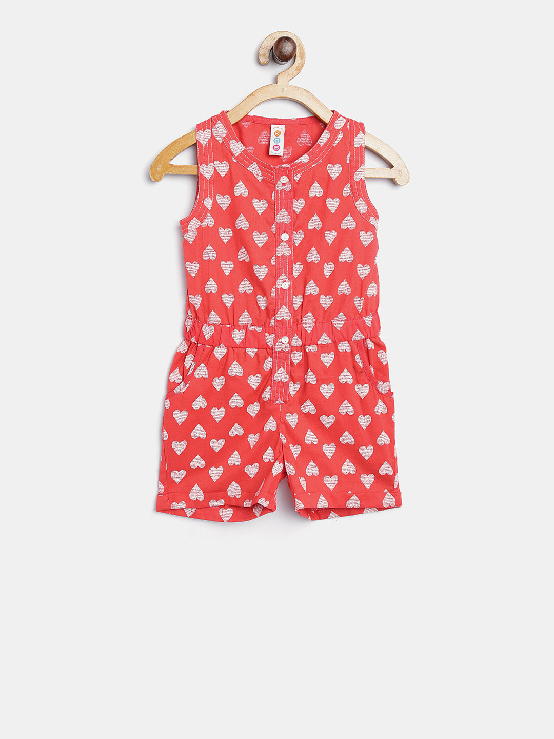 Kids On Board Girls Coral Pink & Off-White Printed Playsuit