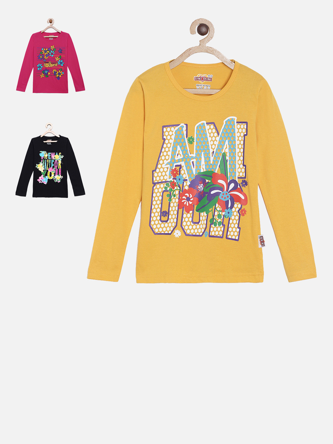 SINI MINI Girls Pack of 3 Printed Round Neck T-shirts
