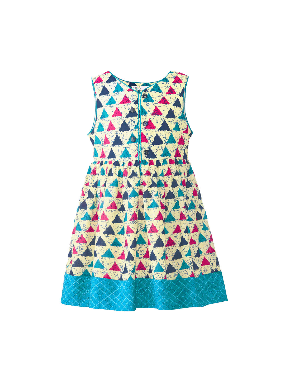 Merrigo Kidz Girls Cream-Coloured & Blue Printed Fit and Flare Dress with Gathers