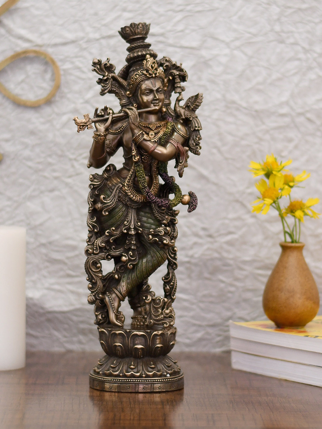 CraftVatika Lord Krishna Bronze Metal Metallic Prayer Room Medium Showpiece - 15 Inches