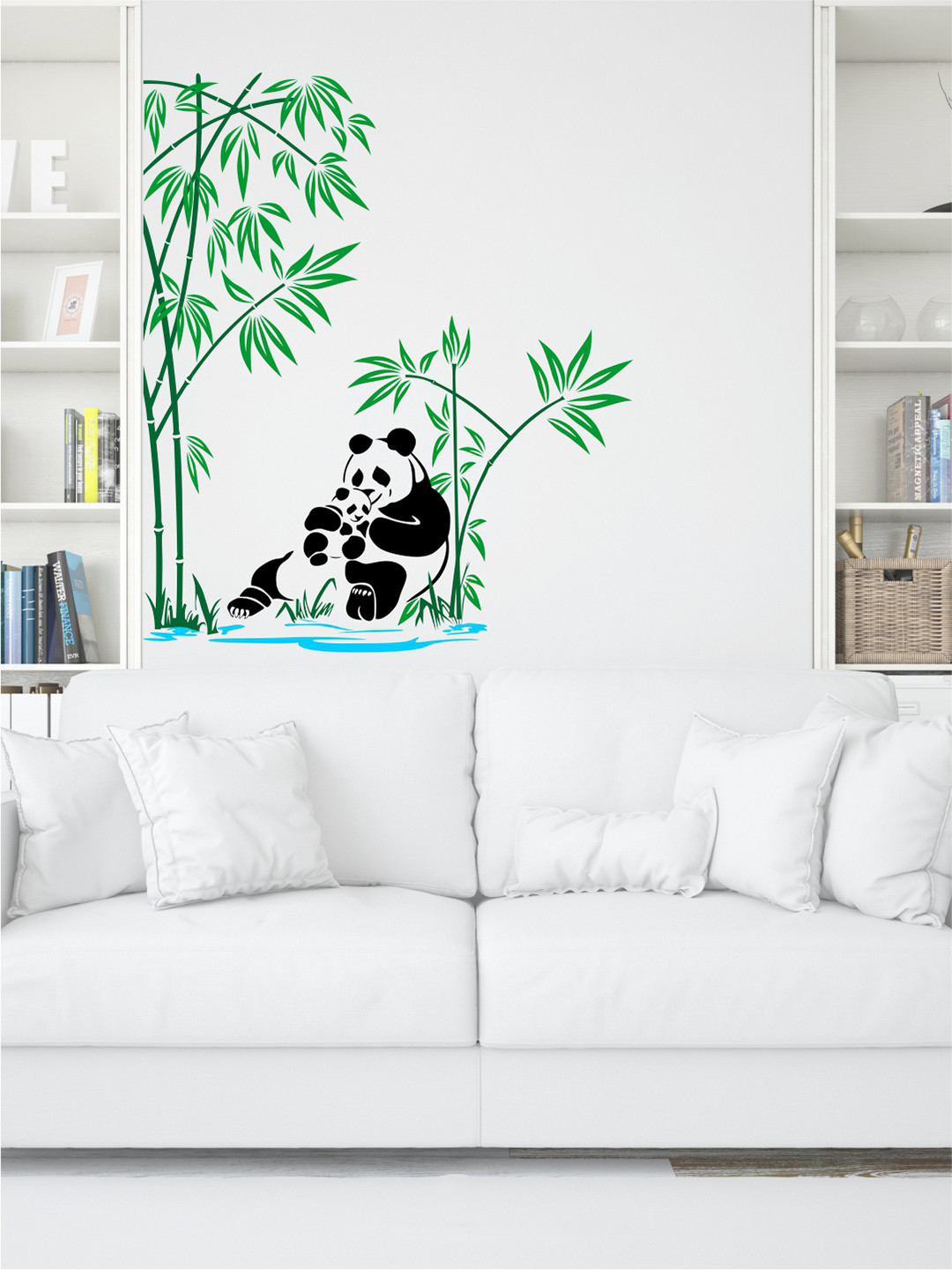 rawpockets Unisex White & Green Panda Family under Bamboo Tree Wall Sticker