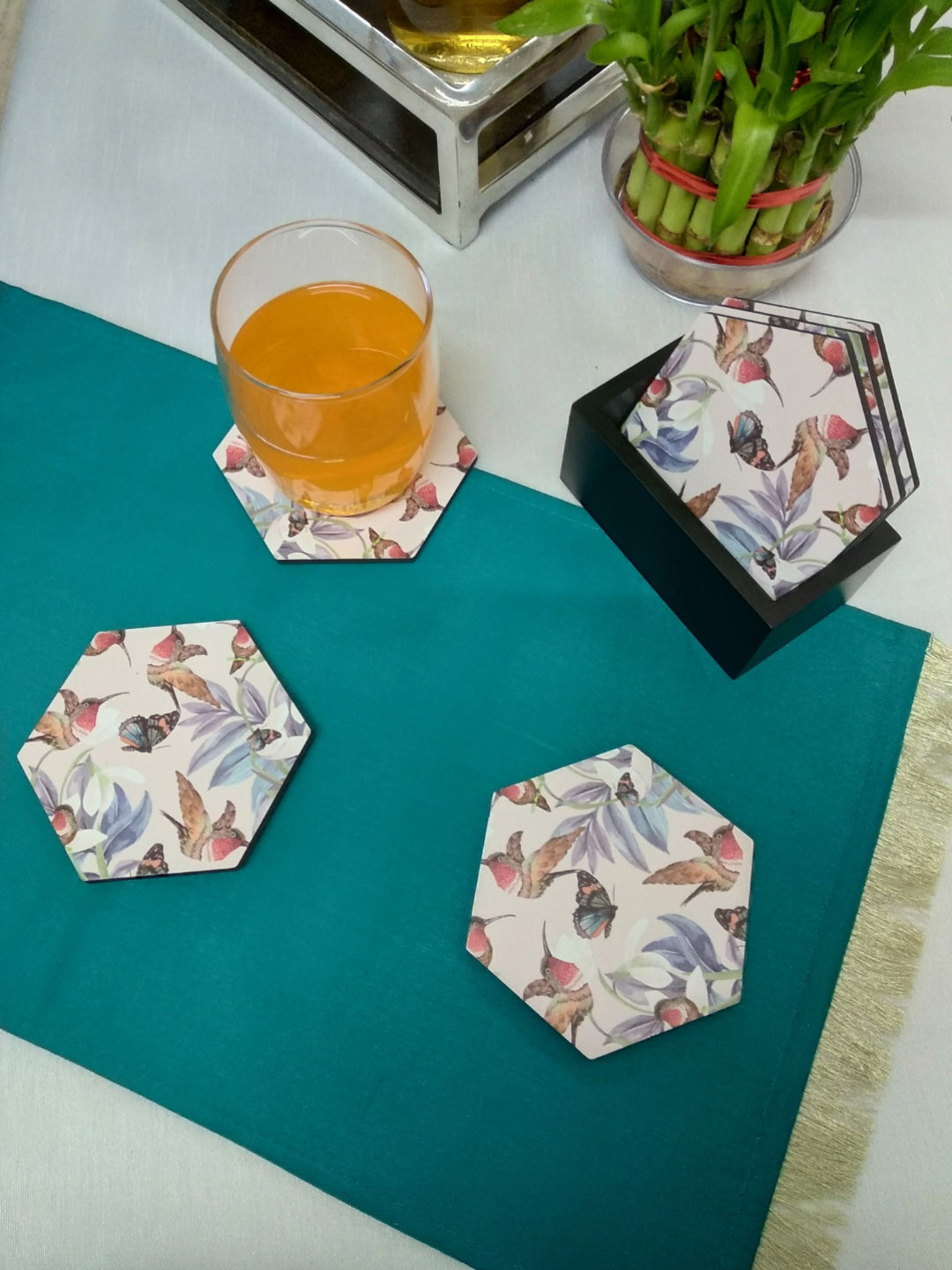CRAYTON Set Of 6 White & Brown Bird Floral Printed Hexagon MDF Coasters With Holder