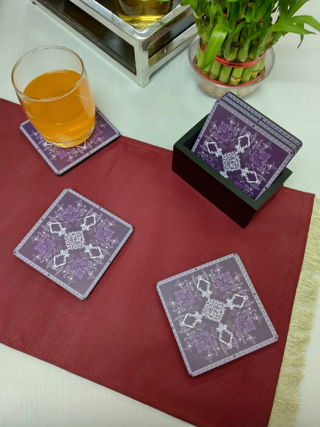 CRAYTON Set of 6 Purple & White Printed Square Mughal Art Coasters With Holder