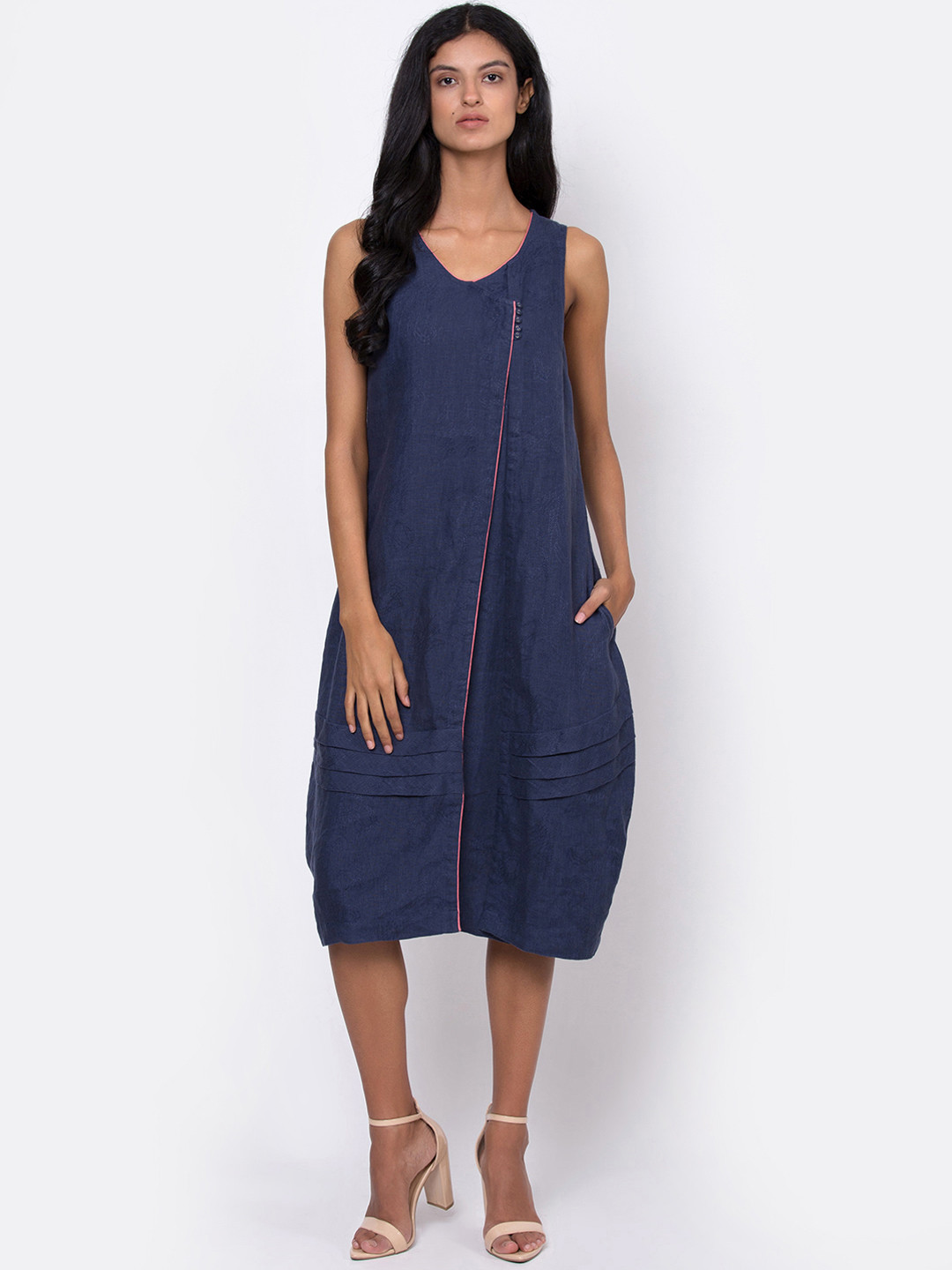 ROOTED Women Navy Blue Self-Design A-Line Dress