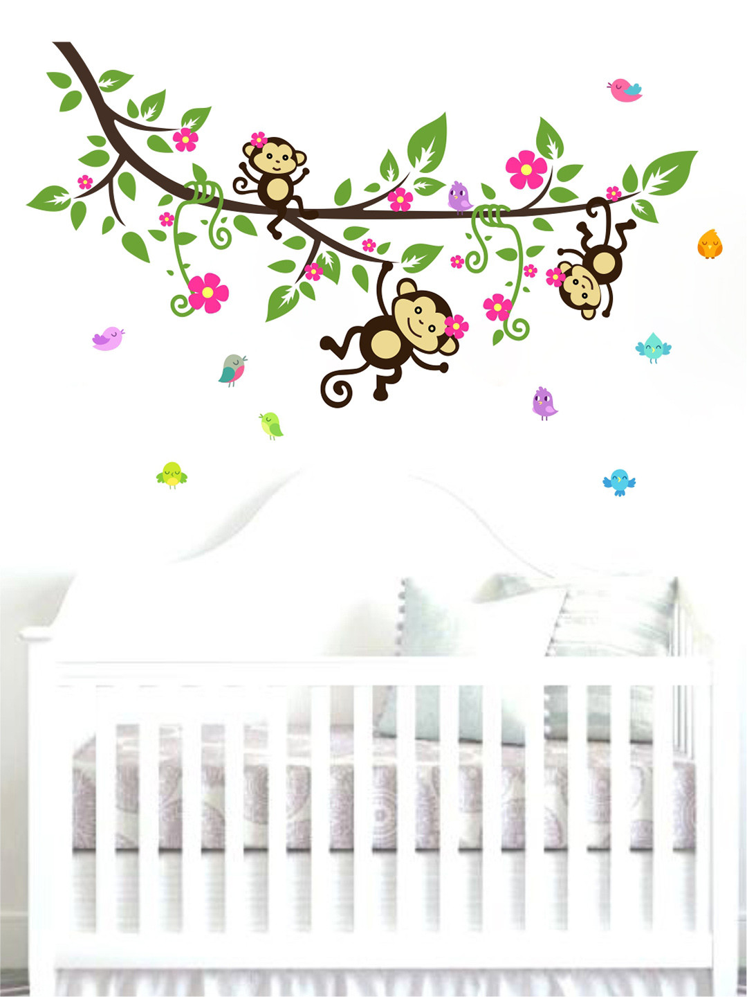 rawpockets Green & Pink Monkeys with Birds PVC Vinyl Wall Stickers