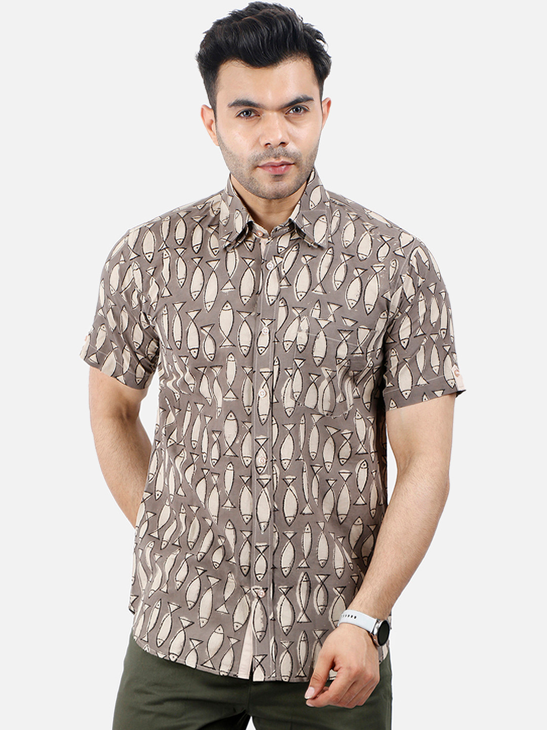 Wintage Men Grey & Off-White Regular Fit Printed Casual Shirt