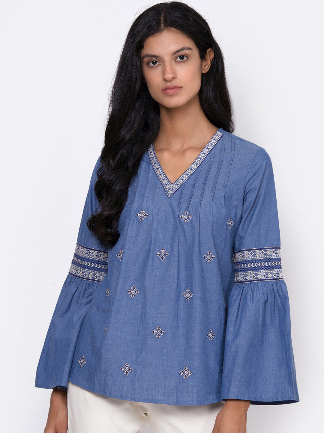 ROOTED Women Blue Printed Cotton Blend A-Line Top