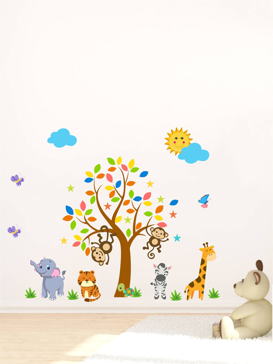 rawpockets Multicoloured Baby Animals Under Tree PVC Vinyl Wall Stickers