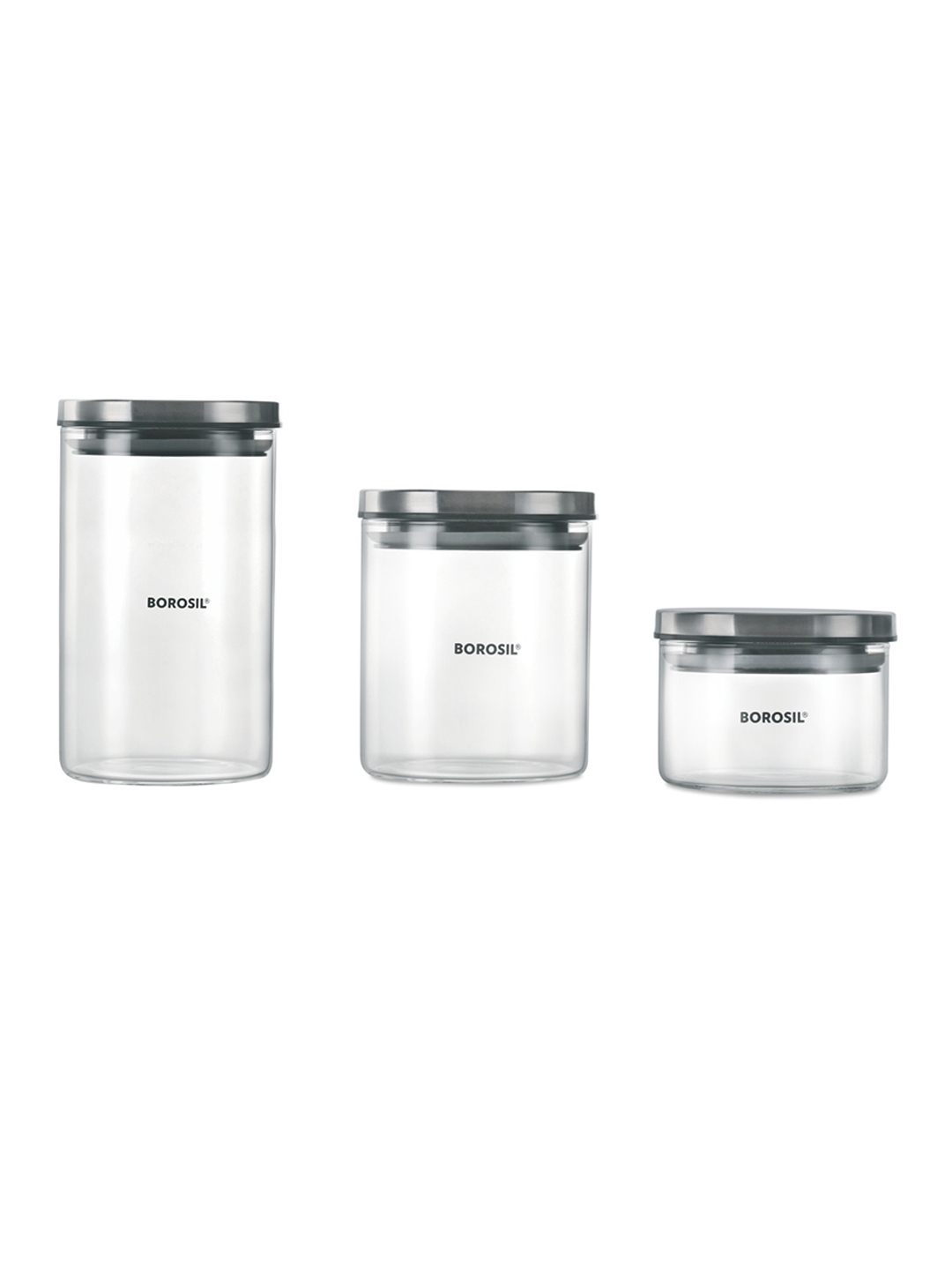 BOROSIL Transparent Grey Set of 3 Borosilicate Glass Storage Jar Containers With Lid