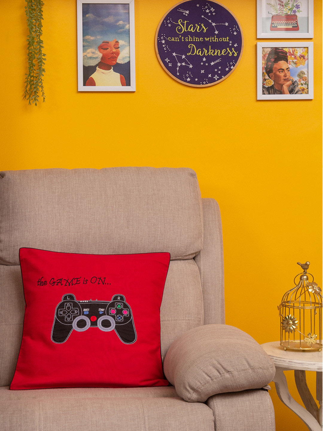 BandBox GAME ON Red Quirky Cotton HD Digital Square Cushion Cover -16x16In