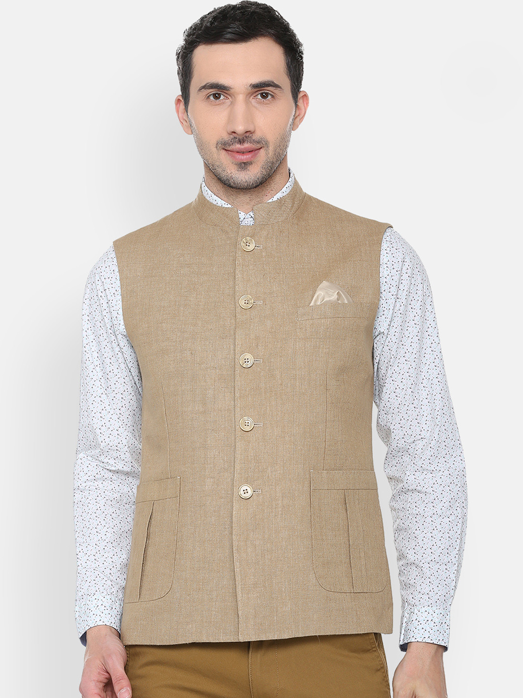 Louis Philippe Men Beige Solid Open Front Waistcoat