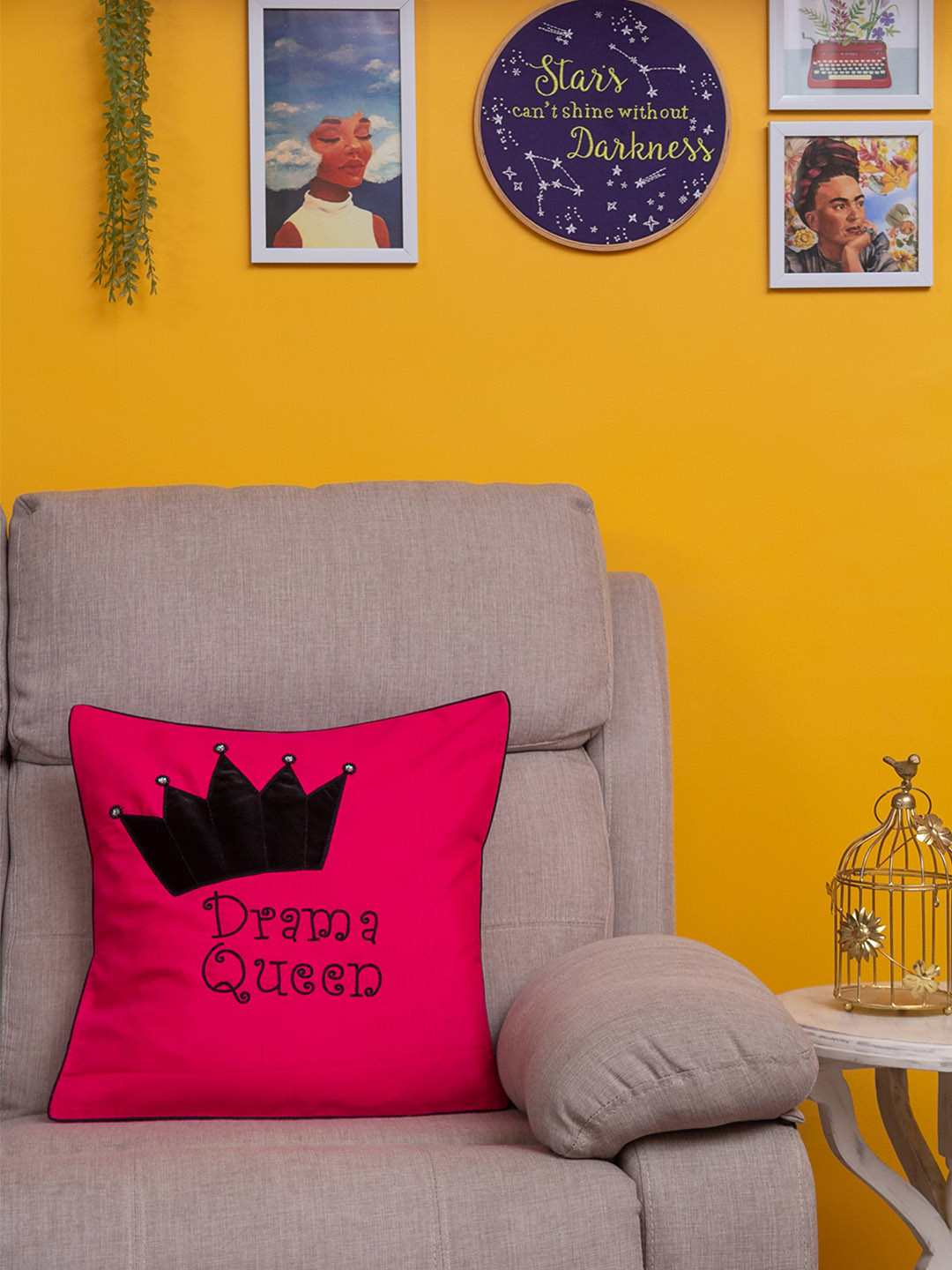 BandBox Pink Typography Cotton Durable Square Cushion Cover -16x16In