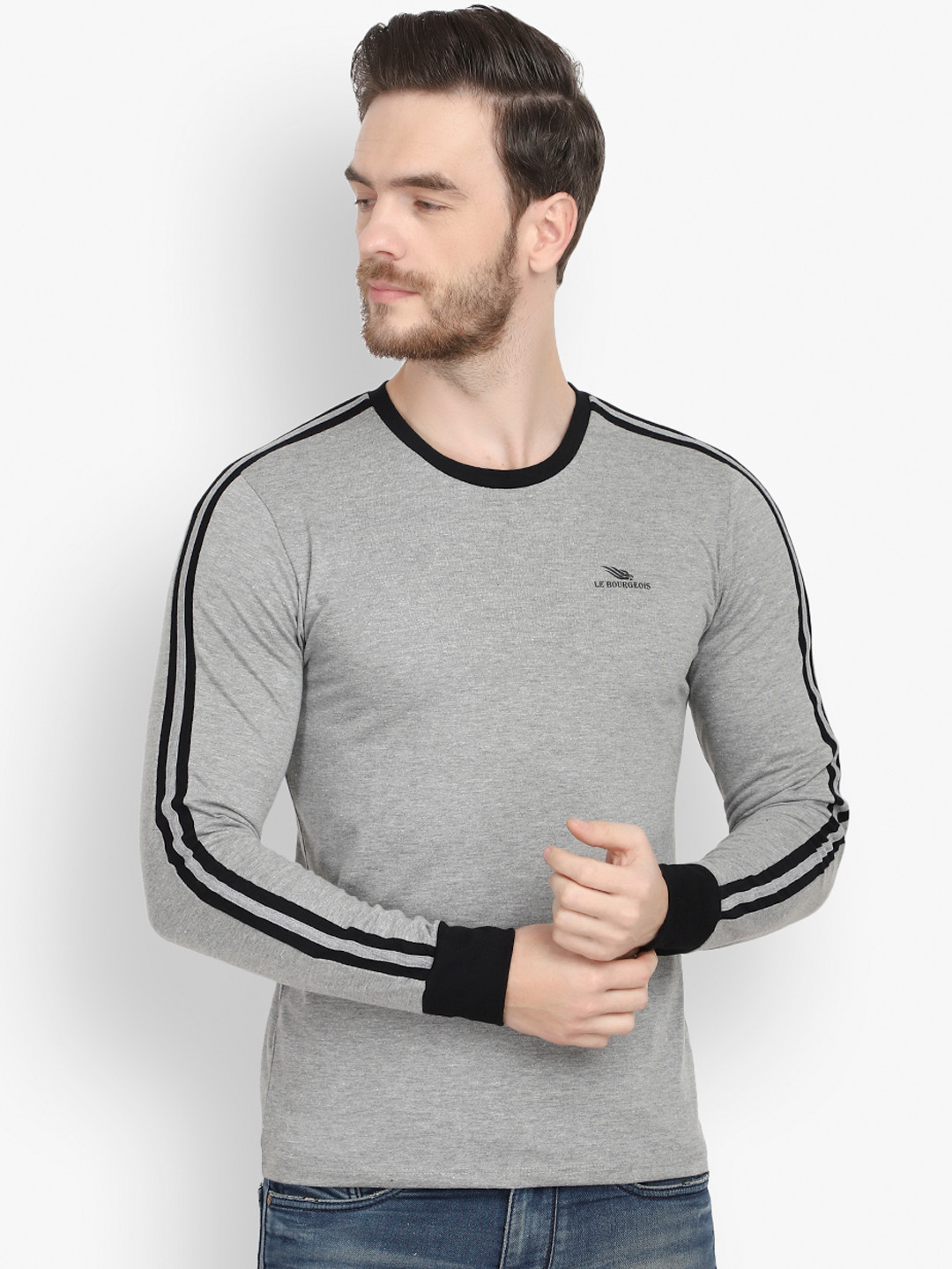 LE BOURGEOIS Men Grey Solid Round Neck T-shirt with Side Stripes