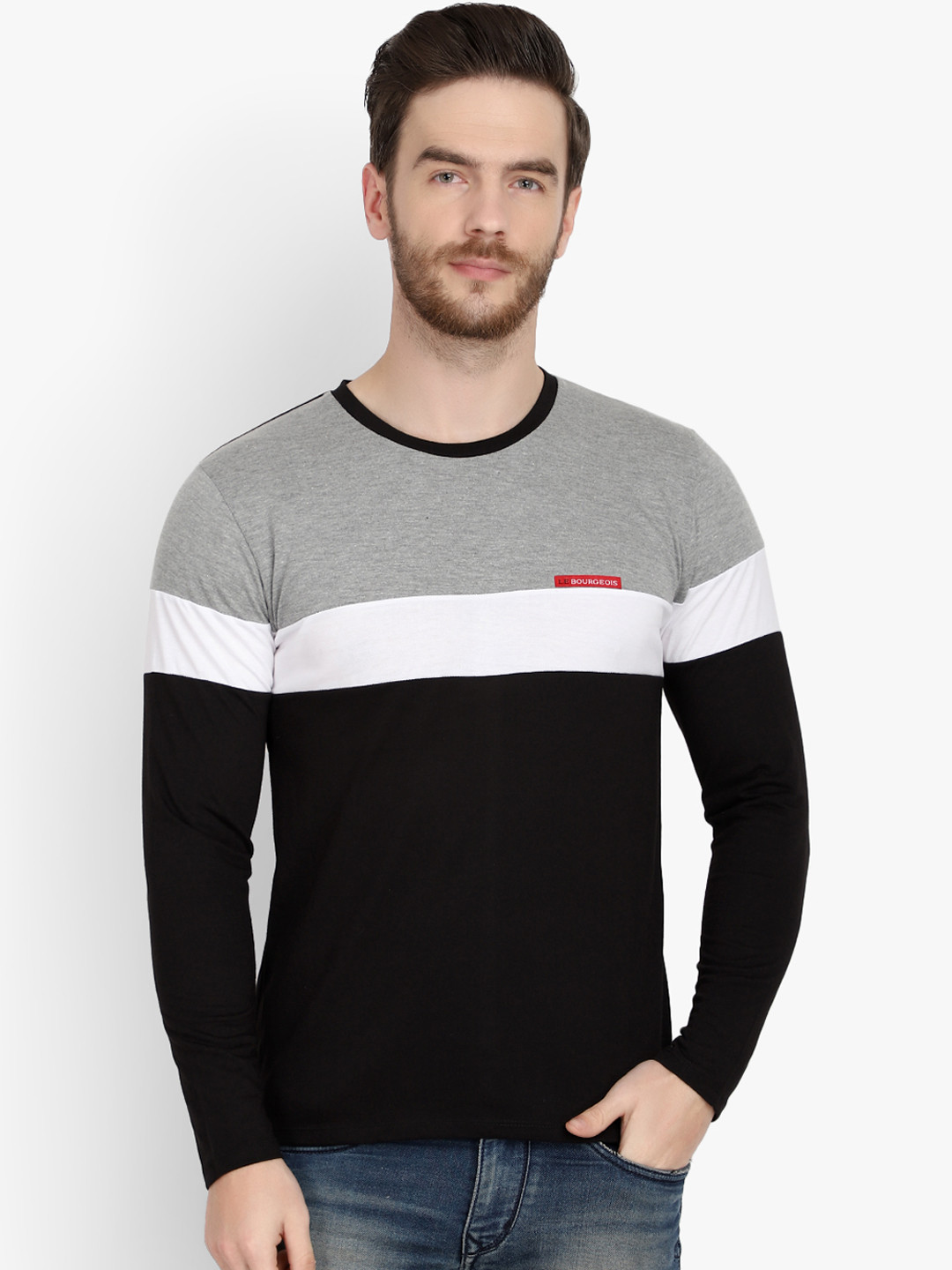 LE BOURGEOIS Men Black & Grey Colourblocked Round Neck T-shirt