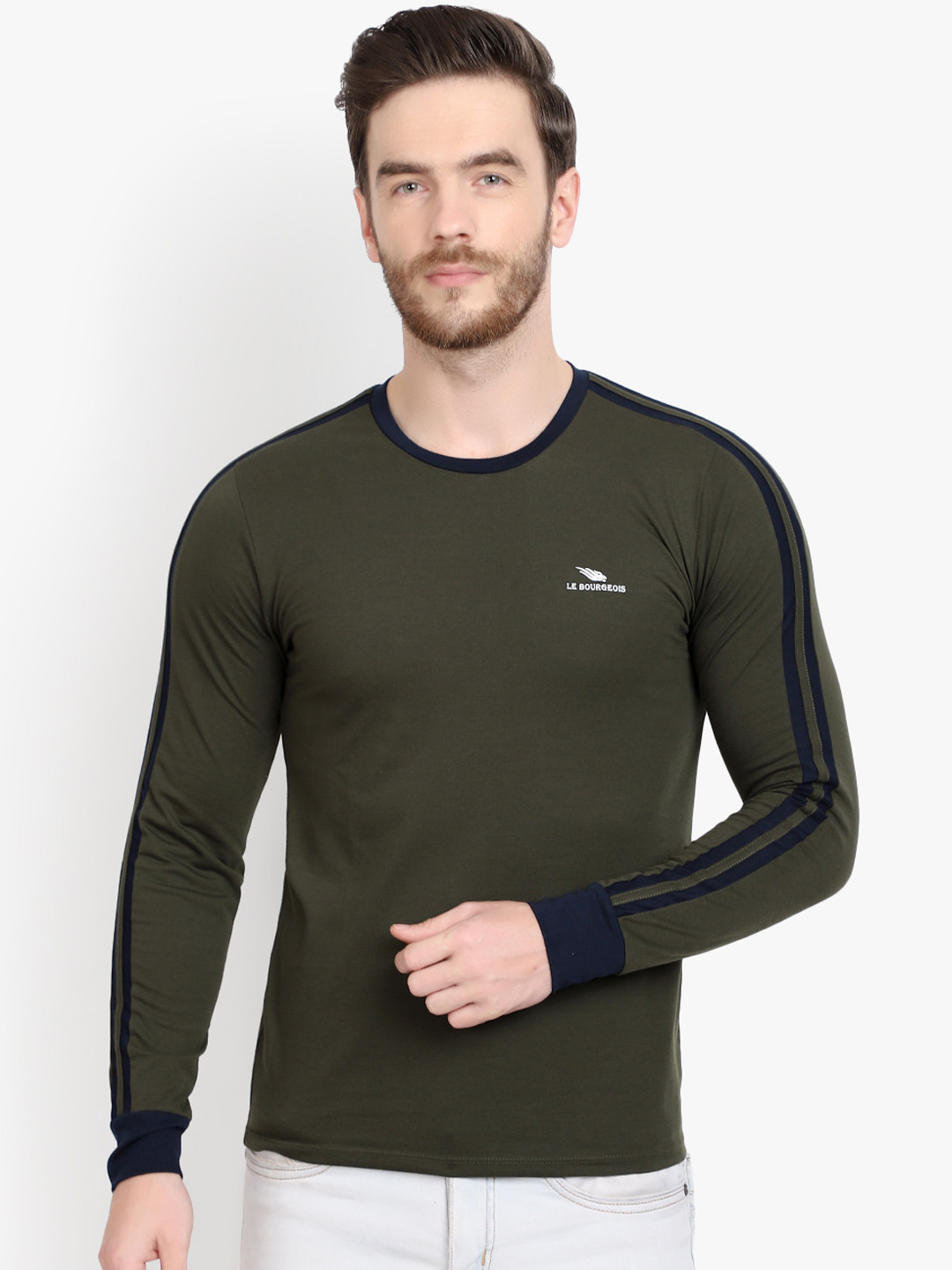 LE BOURGEOIS Men Olive Green Solid Round Neck T-shirt