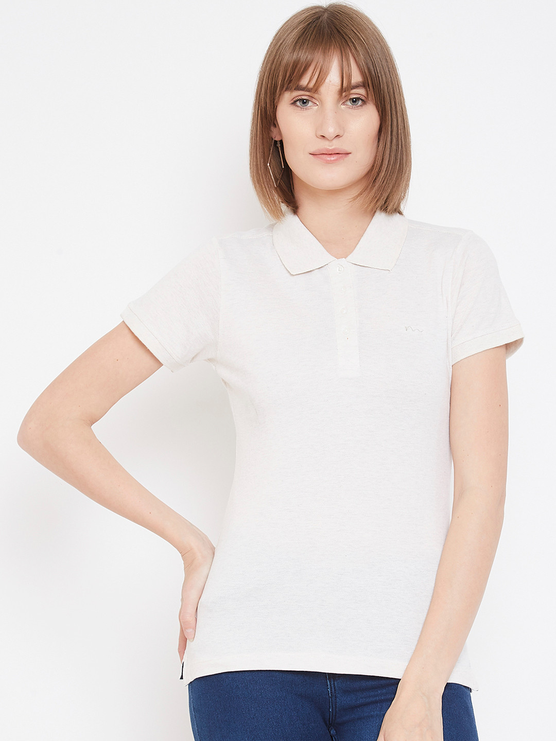 METTLE Women White Solid Polo Collar T-shirt