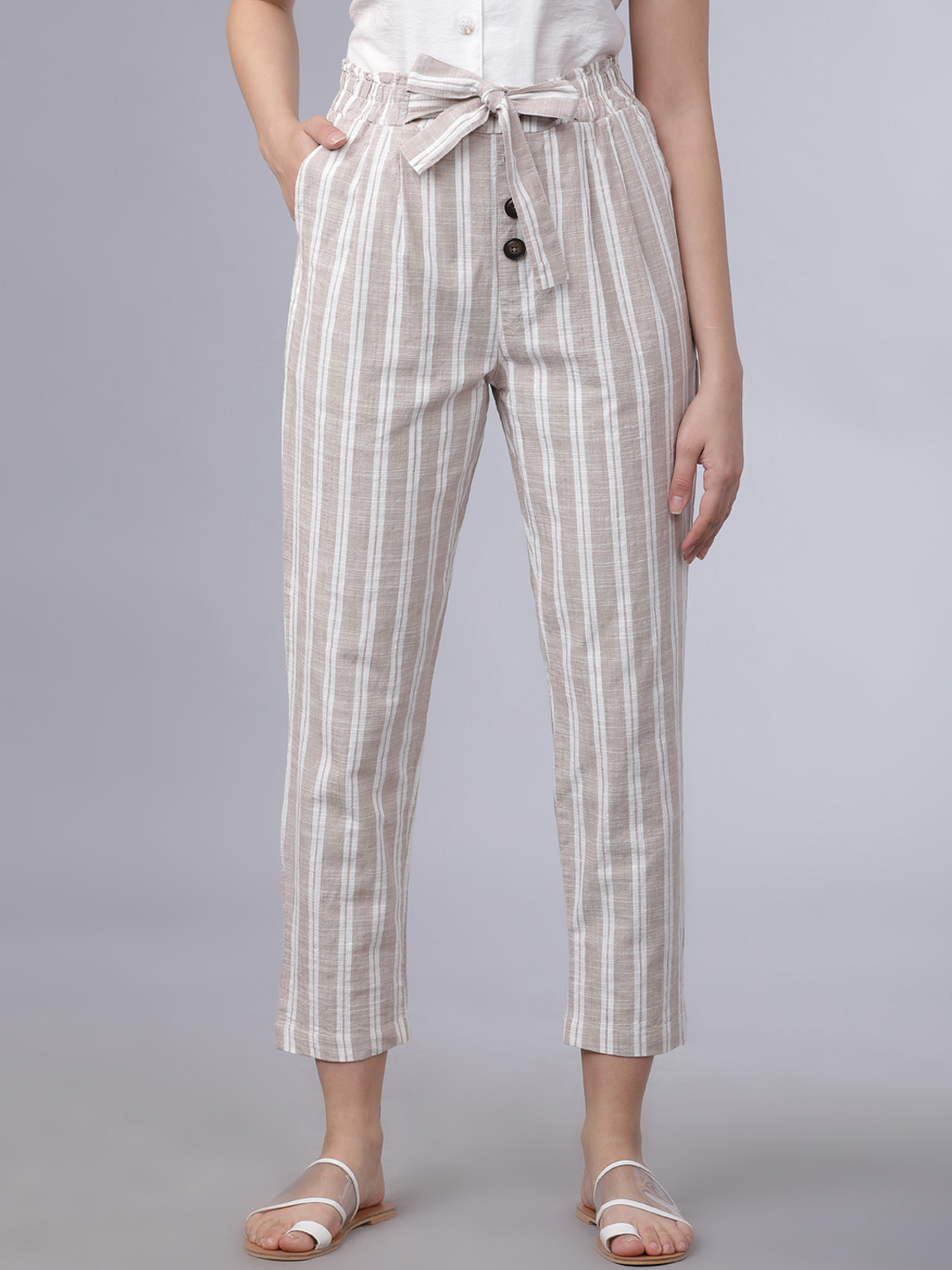 Tokyo Talkies Women Taupe & White Straight Fit Striped Peg Trousers