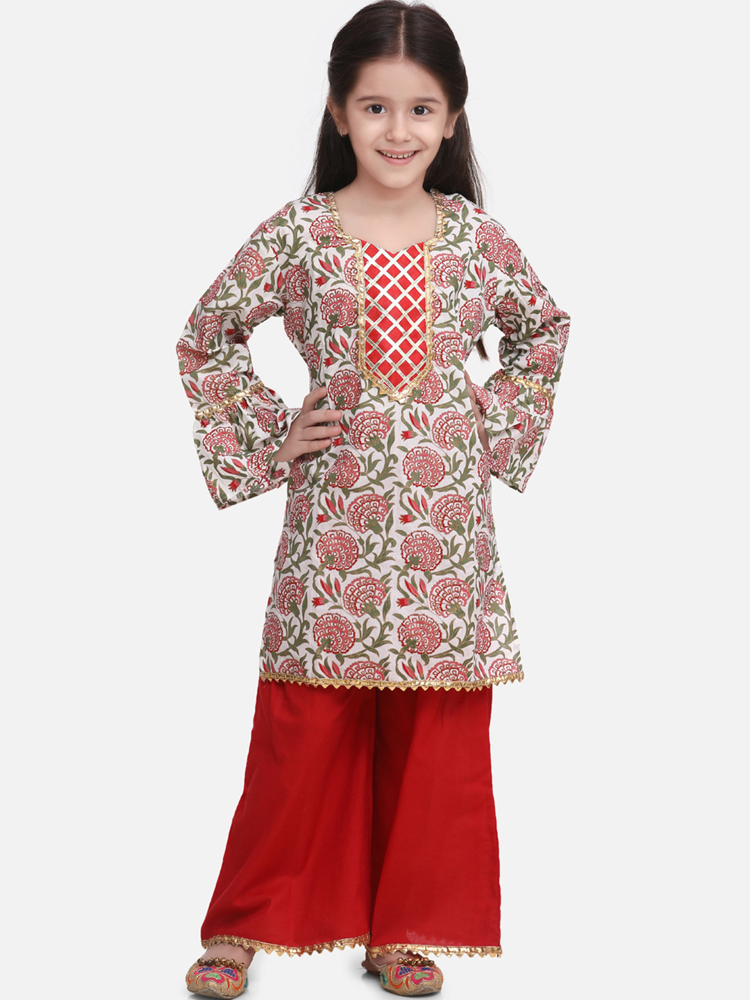 BownBee Girls Red & White Floral Printed Kurti with Palazzos