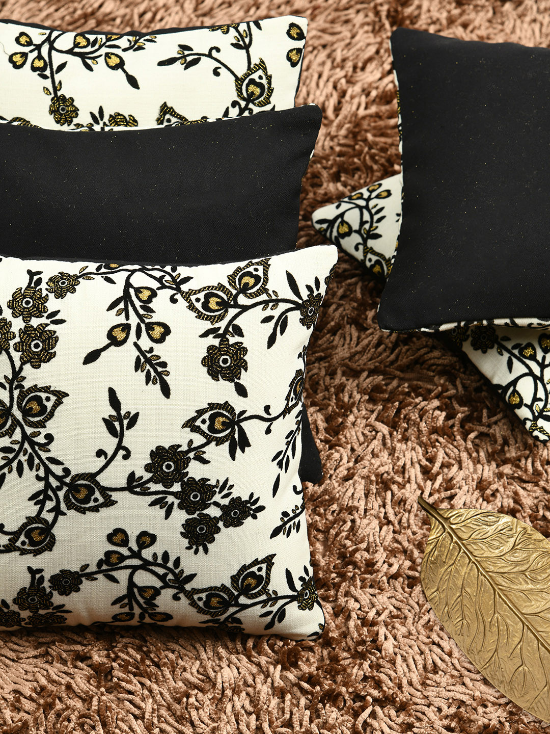 HOUZZCODE Foil Print Floral Polyester Washable 5 Pcs Embellished Cushion Covers -12x12In