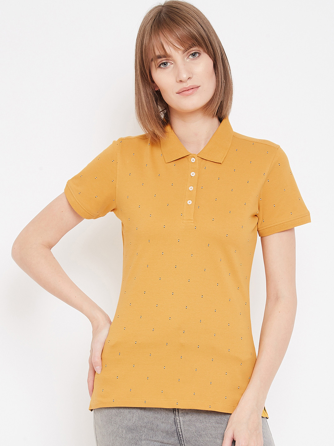 METTLE Women Mustard Printed Polo Collar T-shirt