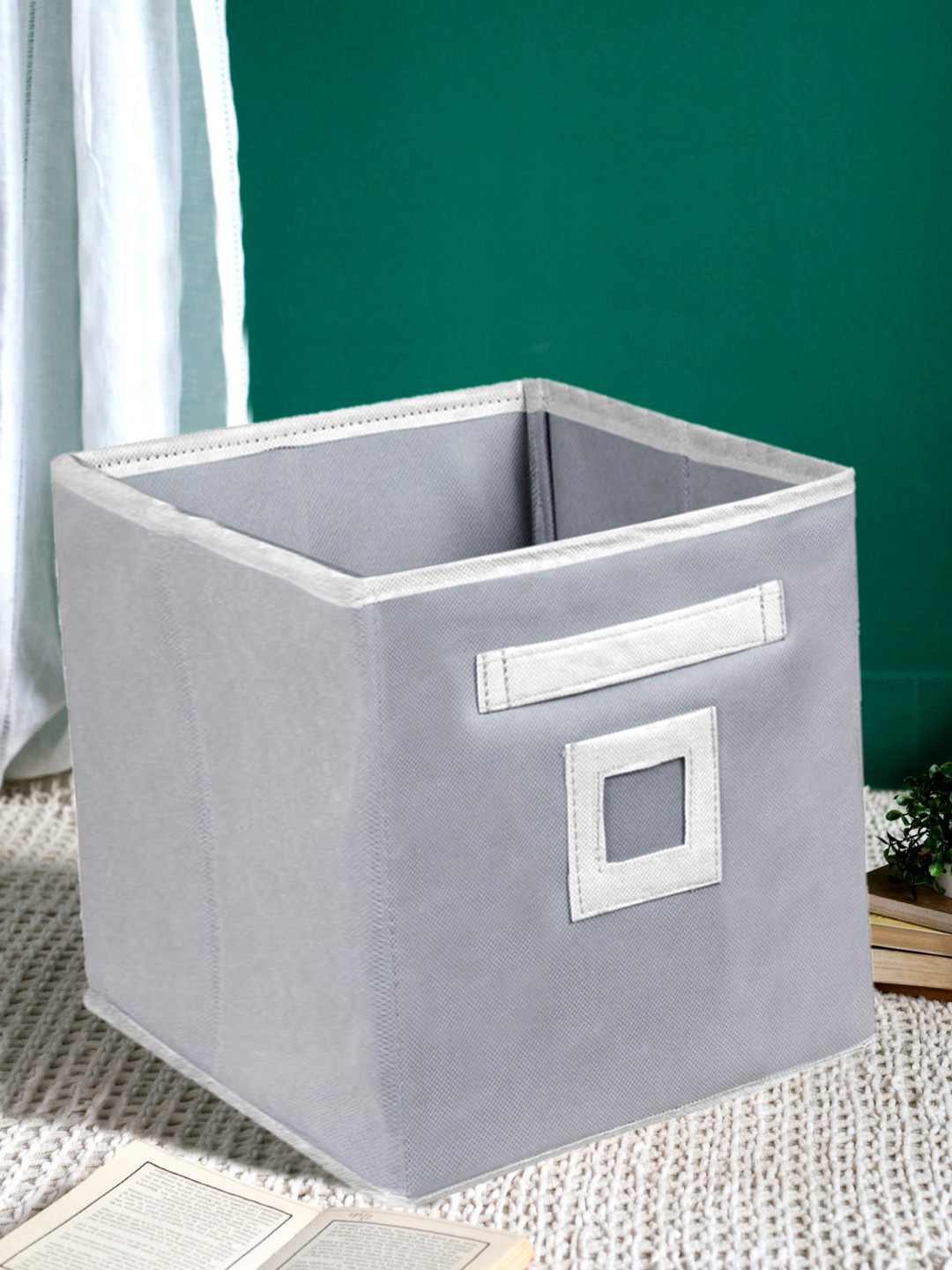 Kuber Industries Grey & White Solid Non-Woven Fabric Foldable Large Size Storage Box With Handles