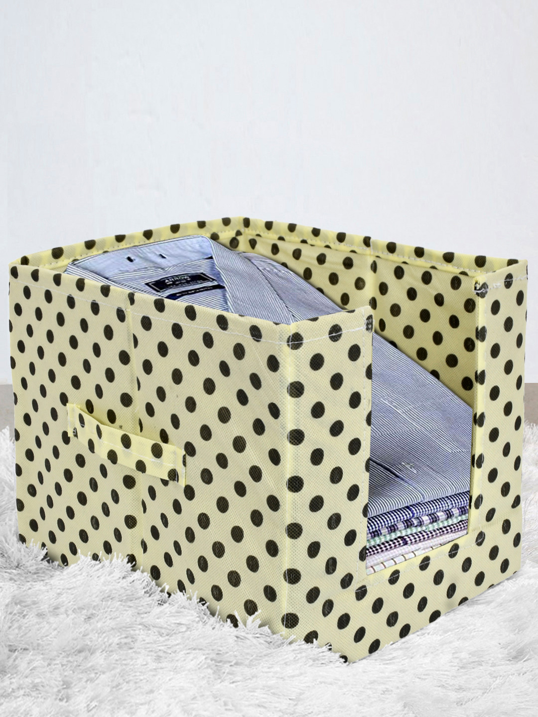Kuber Industries Set Of 2 Cream-Coloured & Black Polka Printed Non-Woven Shirt Stacker Wardrobe Organisers
