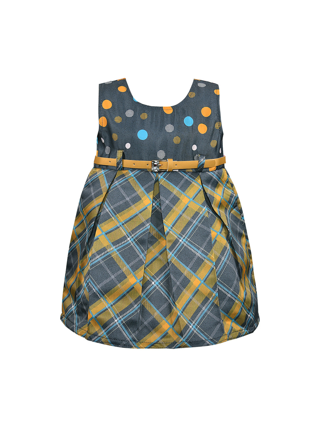 Wish Karo Girls Grey & Yellow Checked Fit and Flare Dress