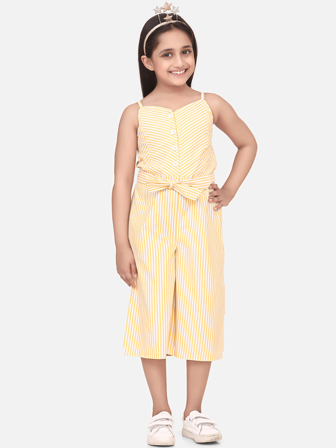 StyleStone Girls Yellow & White Striped Basic Jumpsuit
