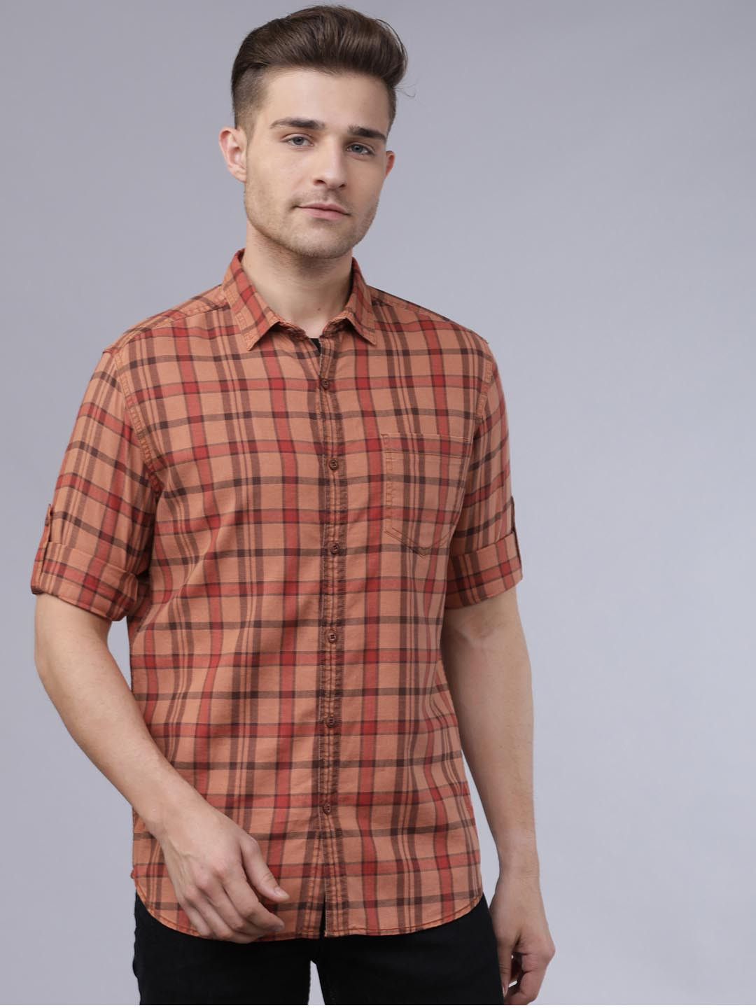 LOCOMOTIVE Men Rust Orange & Red Slim Fit Checked Casual Shirt