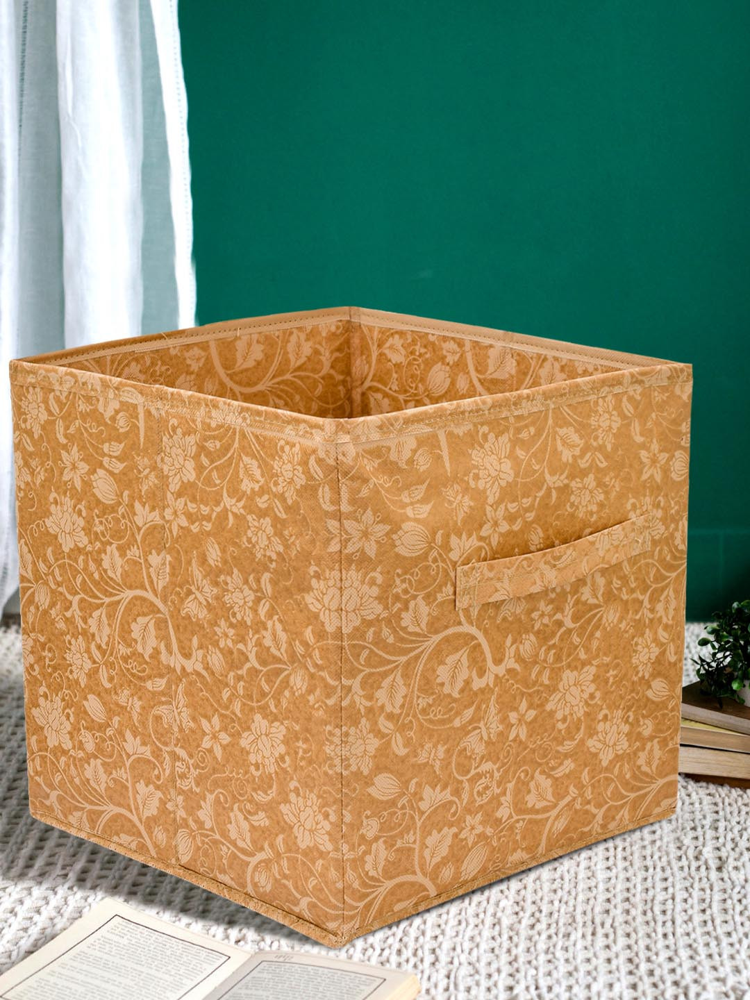 Kuber Industries Beige Printed Large Foldable Storage Box With Handle