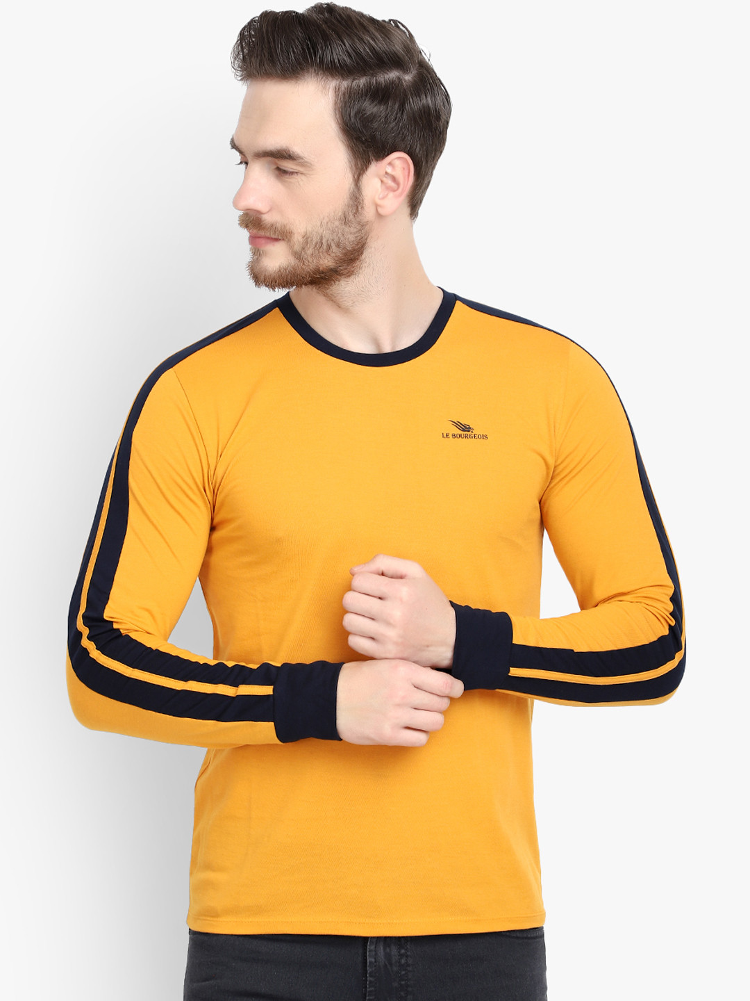 LE BOURGEOIS Men Yellow Solid Round Neck T-shirt