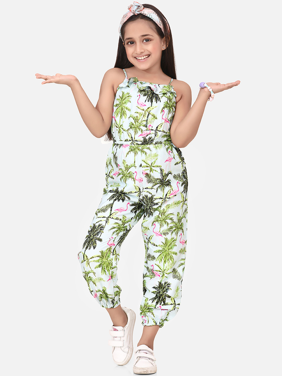 StyleStone Girls White & Green Printed Basic Jumpsuit