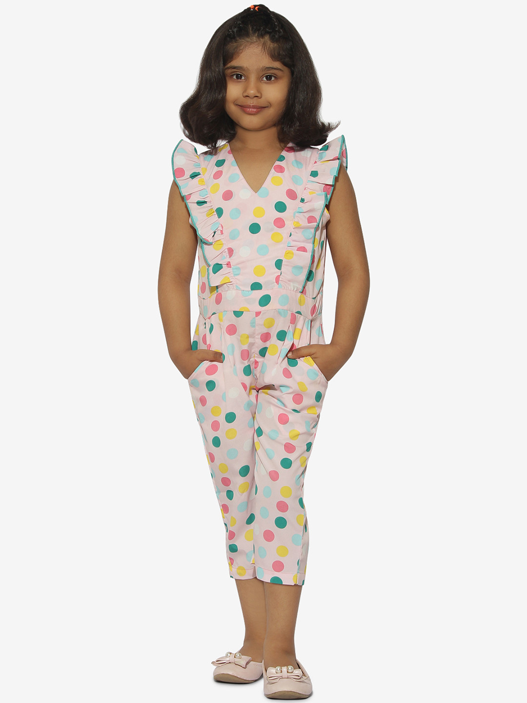 Stylo Bug Girls Pink & White Printed Culotte Jumpsuit