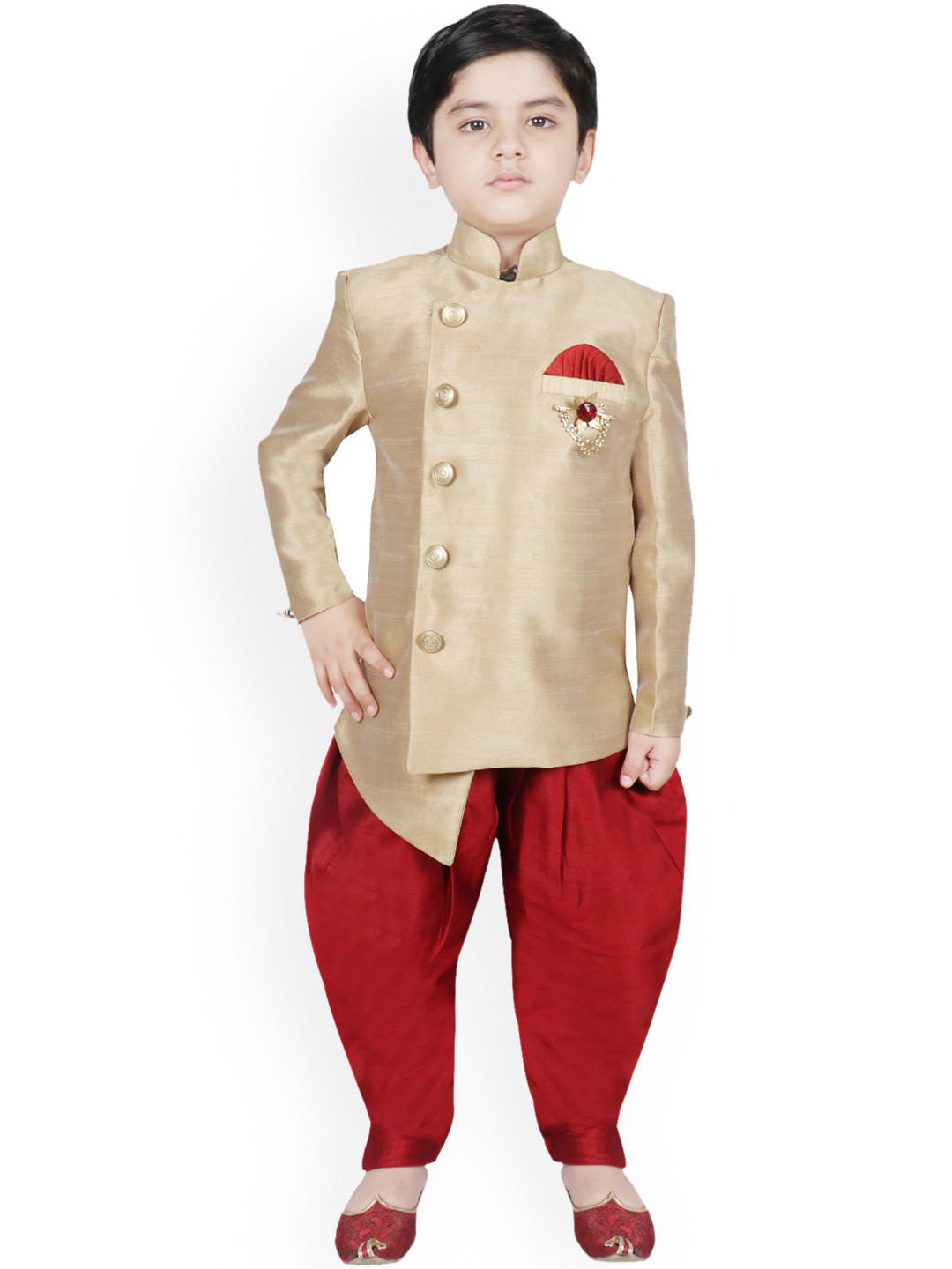 SG YUVRAJ Boys Beige & Red Sherwani Set