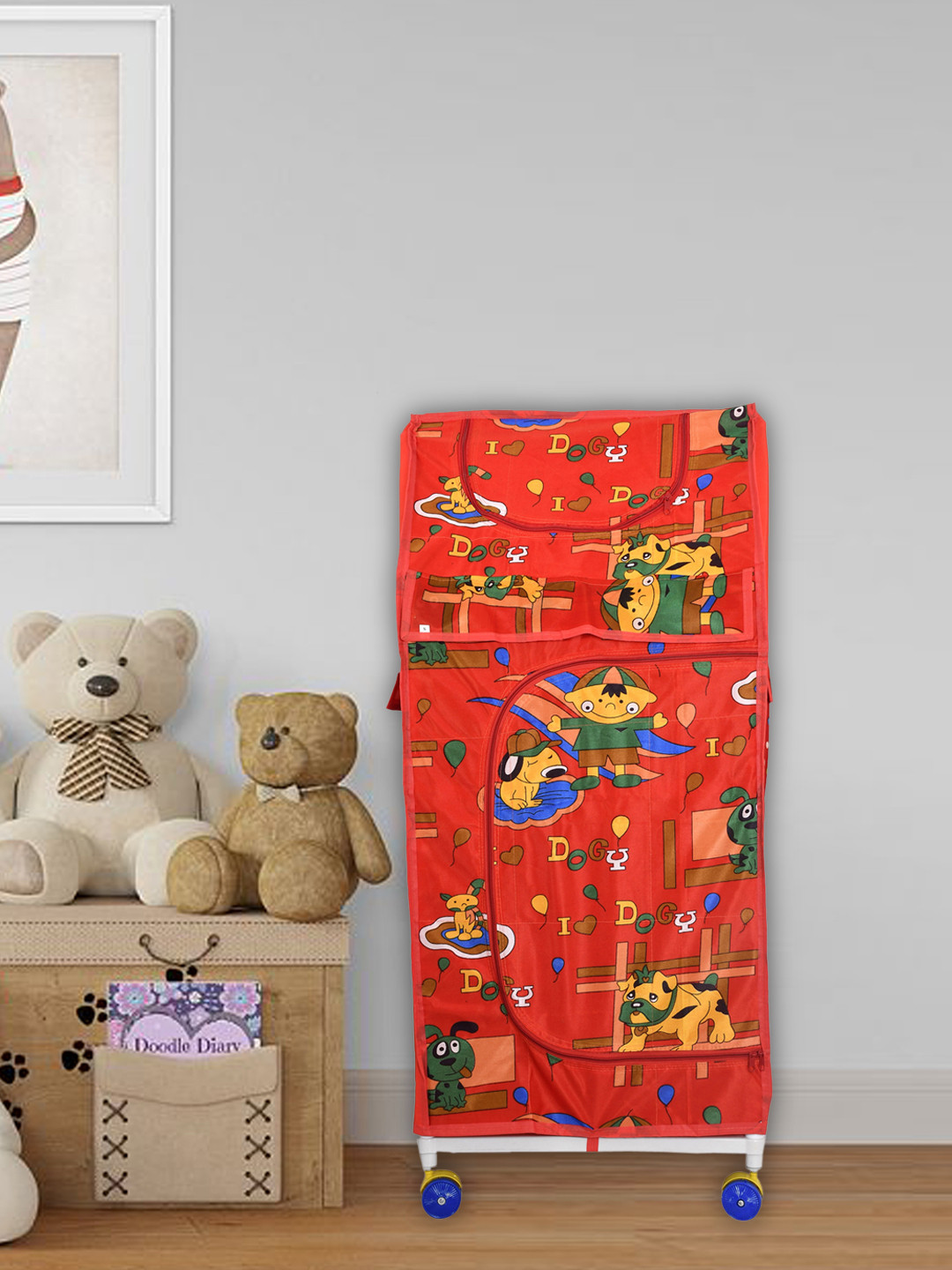 Kuber Industries Kids Red & Yellow Printed Multipurpose Plastic Foldable Almirah